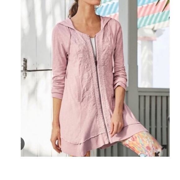 Soft Surroundings Corrina Pink Embroidered Zip Front Hooded Sweater M - Picture 1 of 8